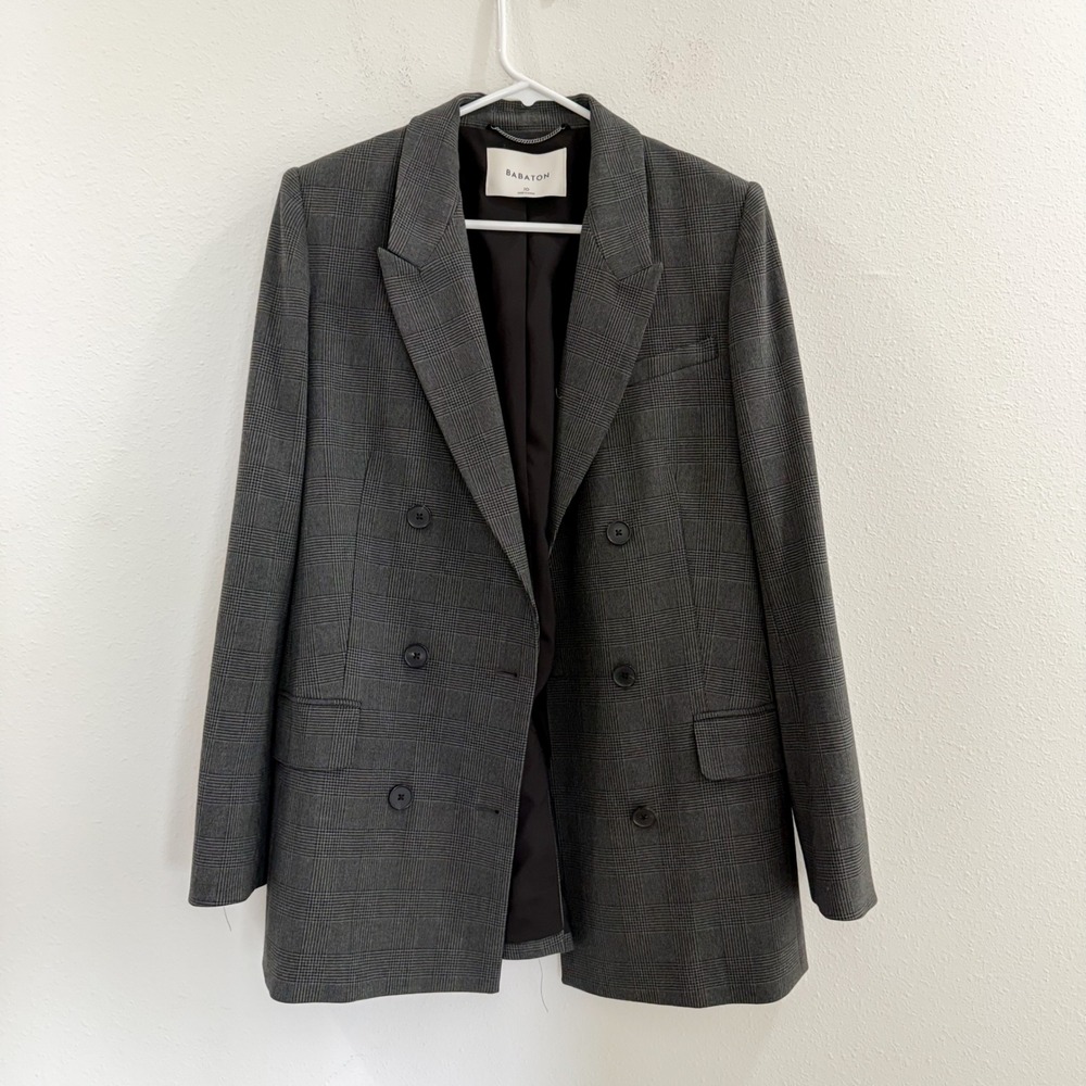 Aritzia Babaton Academia Plaid Preppy Minimalist Blazer Black Gray 10 - Picture 2 of 5